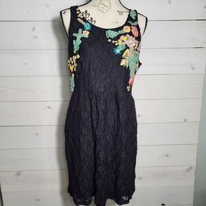 Oc Black Lace Dress Whimsy Floral Appliques Beaded Embroidered BOHO Arsty